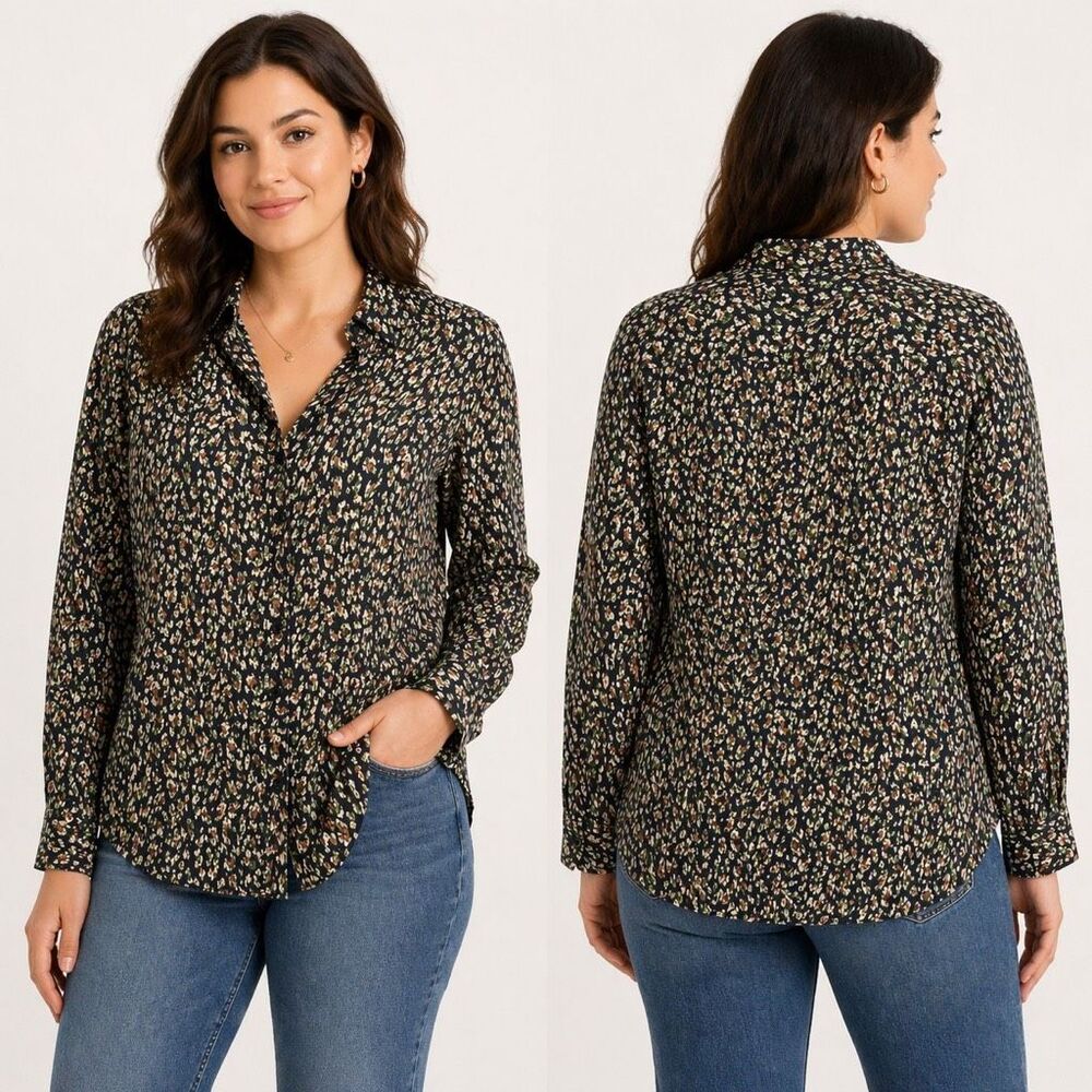 Zara Leopard Print Crinkle Blouse Medium Relaxed Fit Oversized Button Front Top